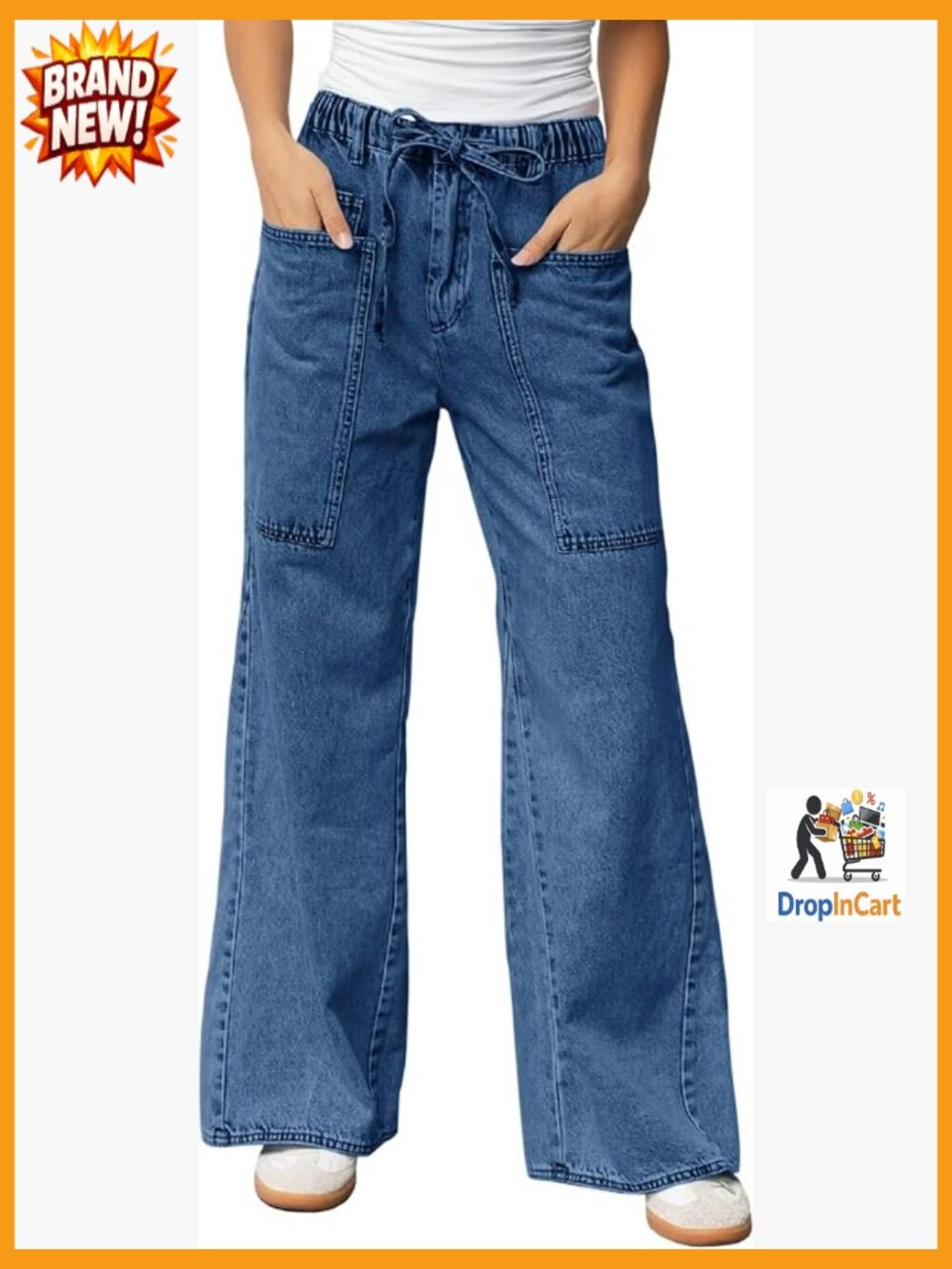 Wide Leg Jeans High Waisted Stretchy Elastic Waist Drawstring Denim Pants Trendy